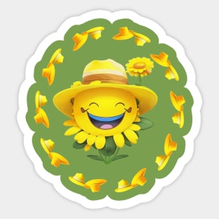 Smiley face in a yellow hat with a flower. Sticker